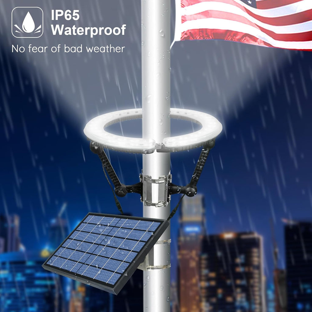 Solar Flag Pole Light Outdoor, 32 LED 4640 Lumens Upward Ring Light, Dusk to Dawn Flagpole Solar Light Waterproof IP65, Fits 2–6 Inch Poles, Full Flag Illumination for 15–40 Ft