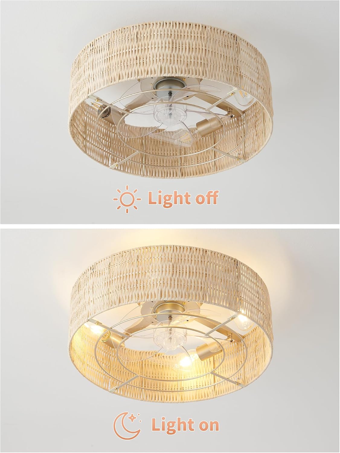 Caged Ceiling Fans with Lights Flush Mount, 20' Rattan Boho Ceiling Fan with Light Remote Control, Enclosed with 6 Speeds for Bedroom, Nursery, Living Room (Beige)