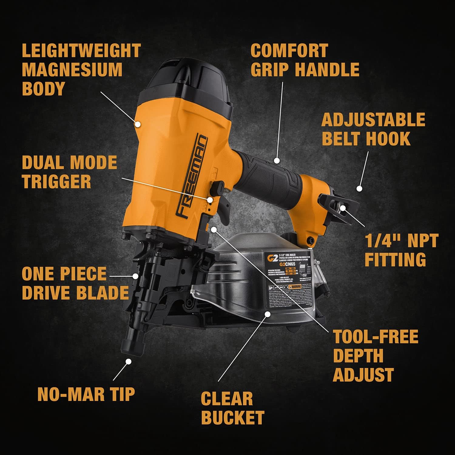 Freeman 2nd Generation Pneumatic 15° 2-1/2' Coil Siding Nailer | G2CN65 | Cedar Shingles, Roof and Wall Sheathing, Flooring Underlayment, Siding, Wood Fencing