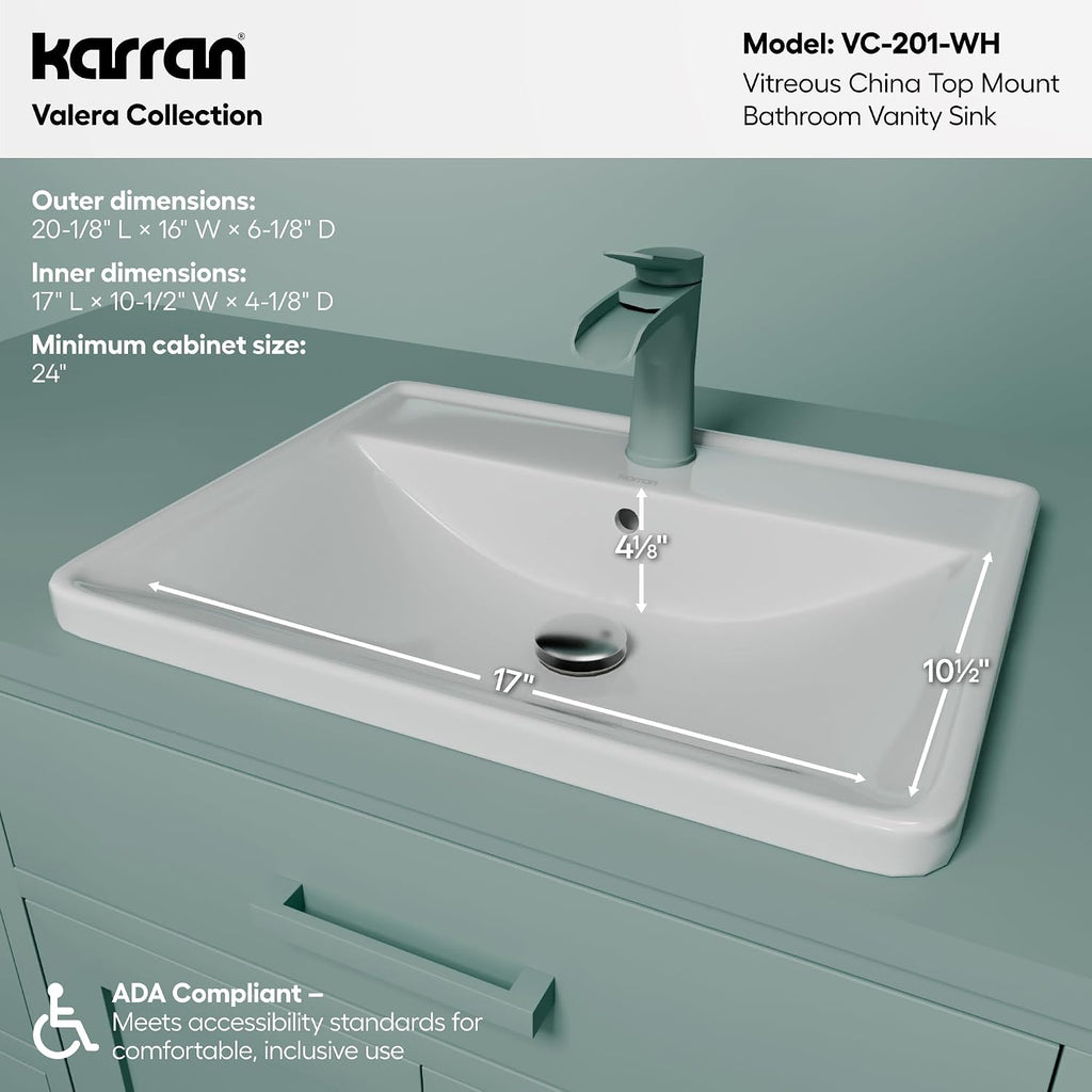 Karran VC-201-WH Valera 21' Top Mount Vitreous China Bathroom Sink in White with Overflow Drain