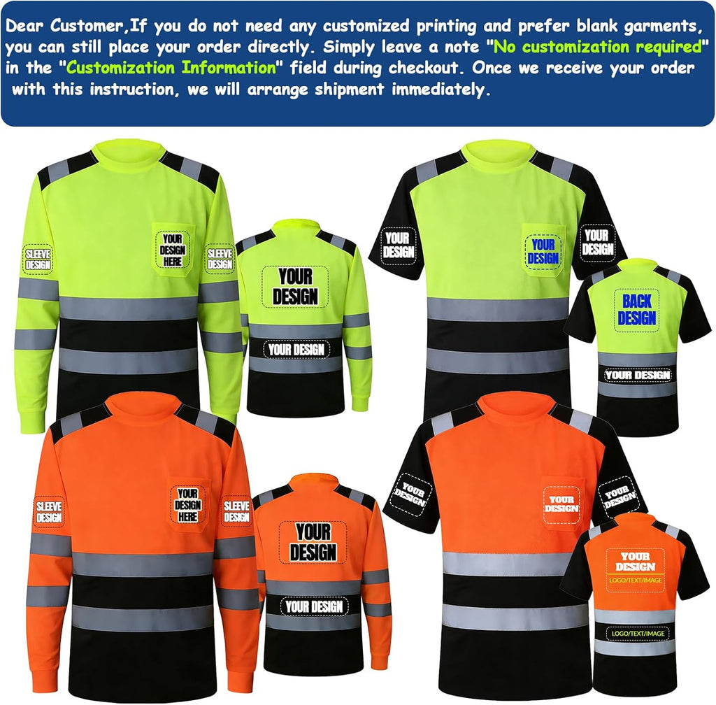 BeautyWill Custom Logo High Visibility Safety Shirts, ANSI Class 3 Reflective Work Shirts Long Sleeve Crewneck T-Shirt