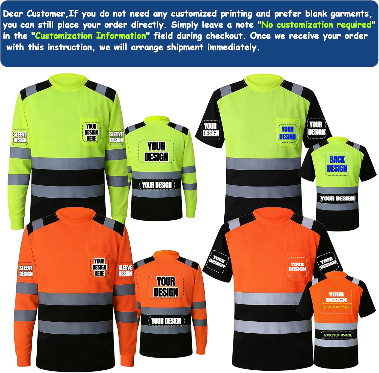BeautyWill Custom Logo High Visibility Safety Shirts, ANSI Class 3 Reflective Work Shirts Long Sleeve Crewneck T-Shirt