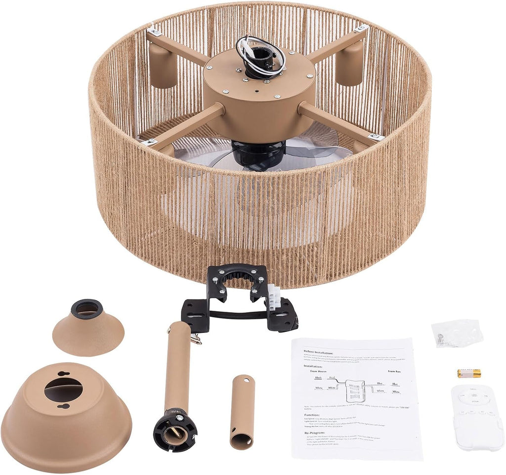 LOYALHEARTDY Boho Ceiling Fan with Light and Remote 18' 6-Speed 1/2/4/8H Timer Caged Modern Downrod Mount Bladeless Ceiling Fan Kids Fan, Hemp Rope Fringe Tassel Lampshade
