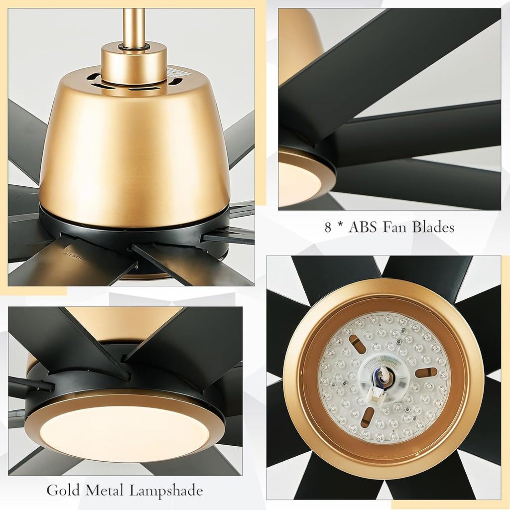 65in Black & Gold Ceiling Fan with Lights 8-Blade Outdoor Ceiling Fan for Patio Ceiling Fan Light with Remote Control, Reversible Airflow Ceiling Fan for Garage Master Bedroom