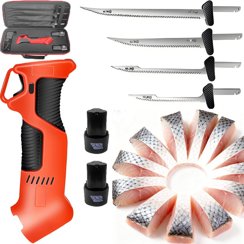 Electric Fillet Knife With Safety Lock - User-Friendly Cordless Reciprocating Filet Knife - Meat Saw w/ 4 Blades, 2-Hour Total Runtime, Commercial/Home Use For Fish/Meat/Small bone