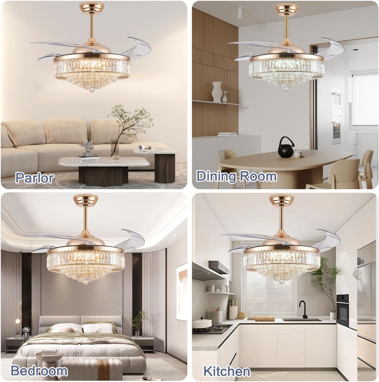 52'' Crystal Ceiling Fan with Light and Remote,Modern Gold Fandelier with Invisible Retractable Blades,Dimmable Chandelier Ceiling Fan for Bedroom Living Room Dining Room