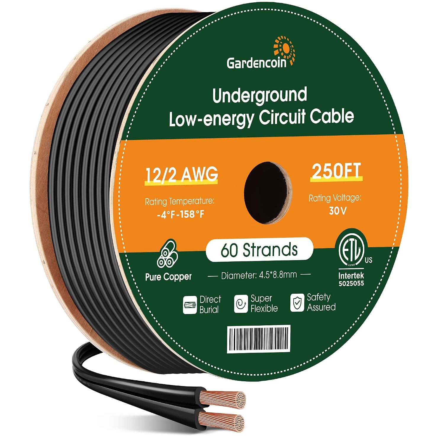 Gardencoin 12/2 Low Voltage Landscape Lighting Wire 250FT, 12 Gauge 2 Conductor Outdoor Direct Burial Electrical Cable, Pure Copper, ETL Listed