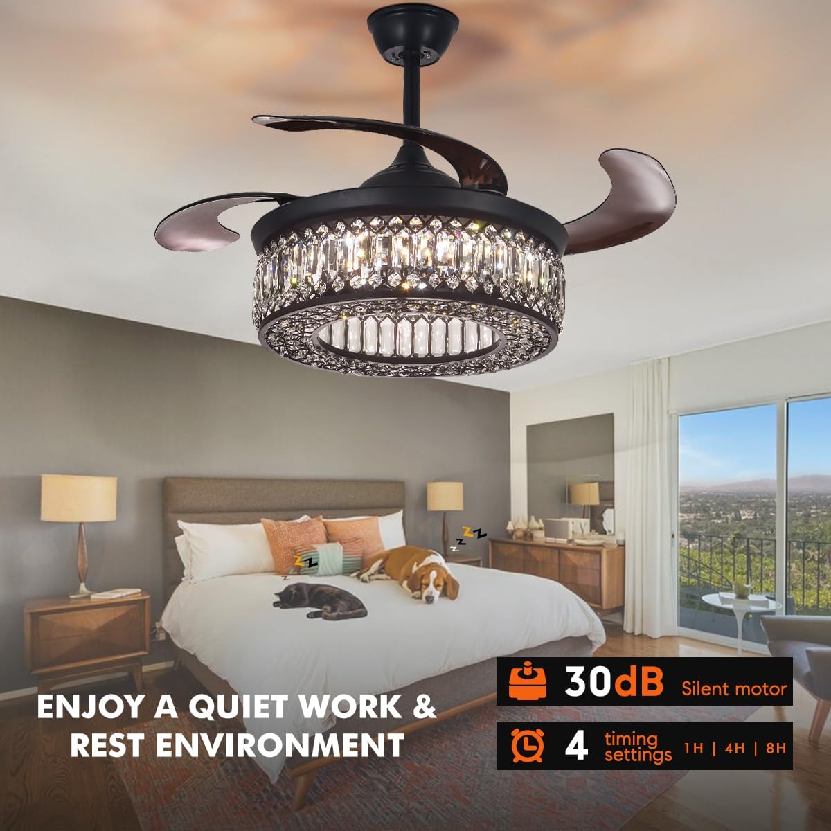 42' Crystal Ceiling Fan Fandelier with Lights and Remote Control Modern Chandelier Ceiling Fan with Reversible Blades 6 Speed, 3 Timing for Dining Room Living Room Bedroom,Black