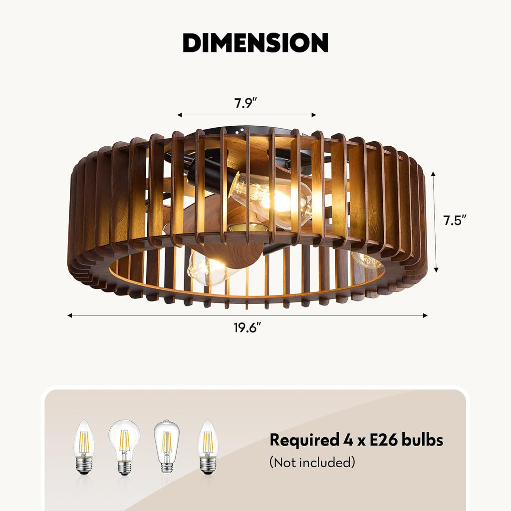 Farmhouse Caged Ceiling Fan with Light, 20' Wooden Flush Mount Ceiling Fan and Remote, 6-Speed Quiet Reversible DC Motor, Timer, Low Profile Enclosed Fandelier for Bedroom, Kitchen, Living Room