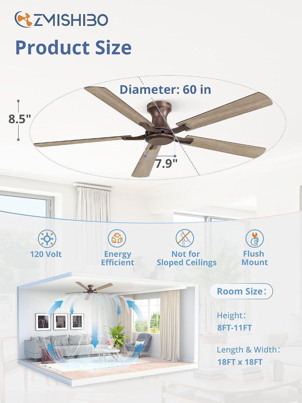 ZMISHIBO 60 Inch Ceiling Fan No Light, Flush Mount Low Profile, Farmhouse Brown Ceiling Fan Without Light, Remote Control & Quiet DC Motor, for Indoor&Outdoor, Bedroom, Living Room
