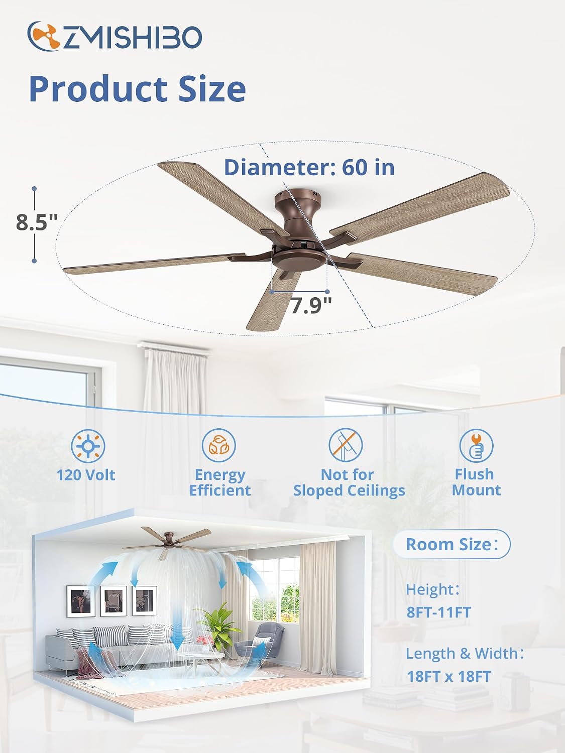 ZMISHIBO 60 Inch Ceiling Fan No Light, Flush Mount Low Profile, Farmhouse Brown Ceiling Fan Without Light, Remote Control & Quiet DC Motor, for Indoor&Outdoor, Bedroom, Living Room