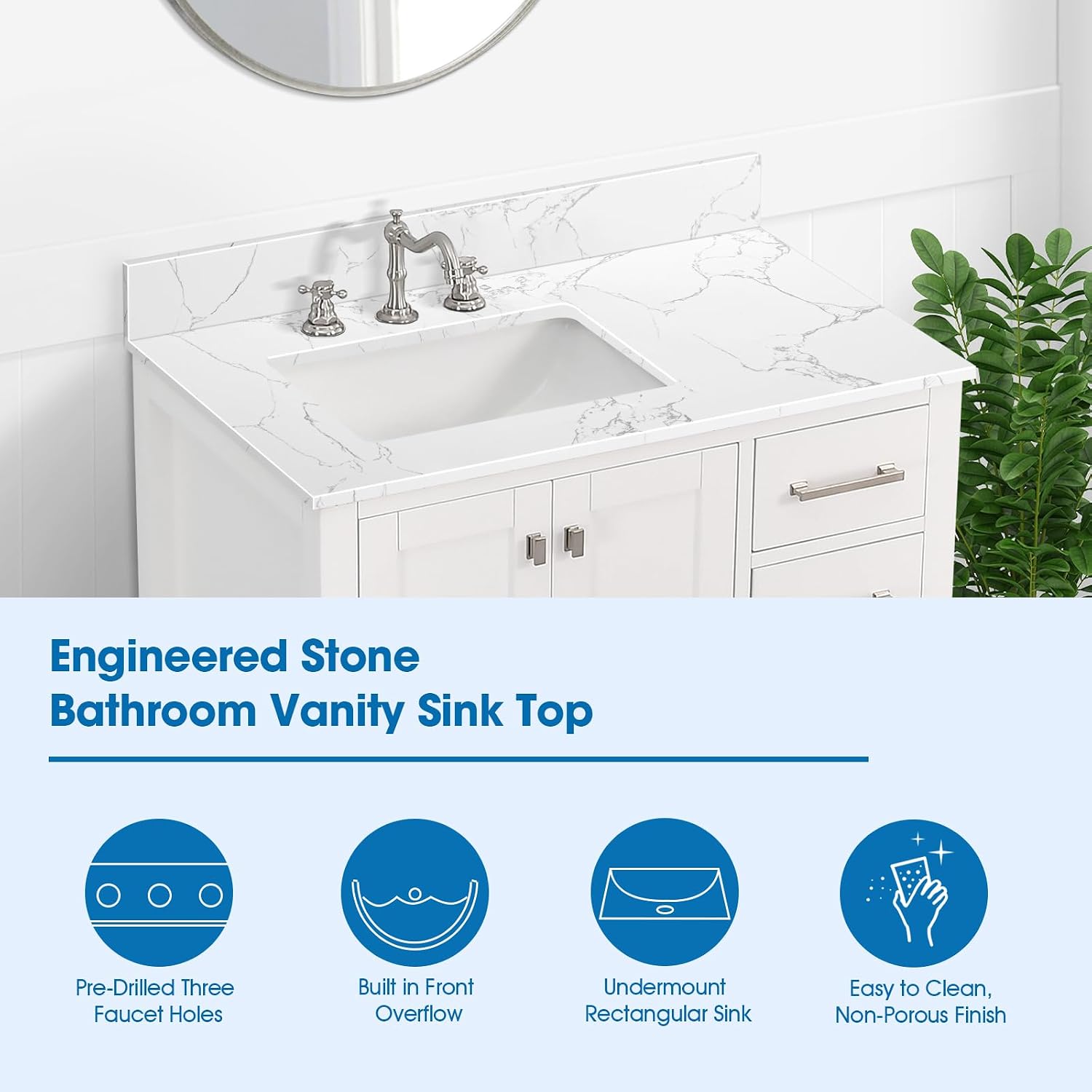 36 Inch Engineered Stone Bathroom Vanity Sink Top, with Undermount Rectangular Left Side Sink, Vanity Countertop with 8 inch Faucet Hole Spacing and Backsplash in Lightning White