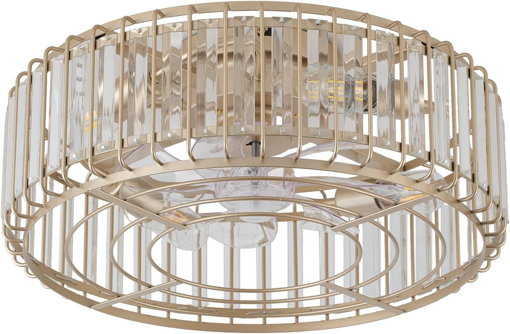 20inch Flush Mount Caged Ceiling Fans with Lights Fandelier | Gold Crystal Ceiling Fan with Light and Remote, Low Profile Mid Century with 6 Speeds for Bedroom Nursery Living Room