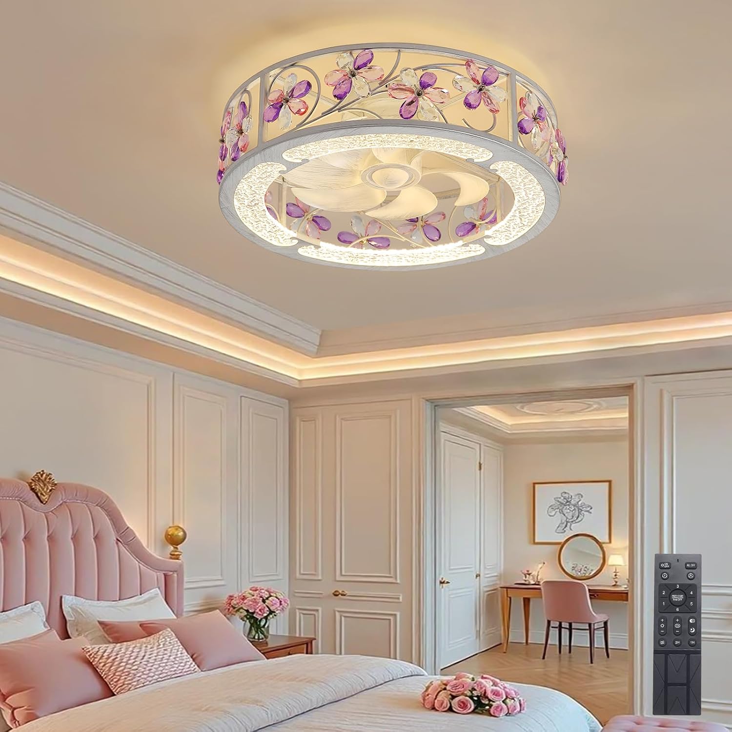 20 Inch Low Profile Caged Ceiling Fan with Light, Flower Chandelier Flush Mount Ceiling Lights Remote Control,Crystal Fandelier Bladeless 6 Speeds for Girl's Bedroom, Living Room,Hand Painted White
