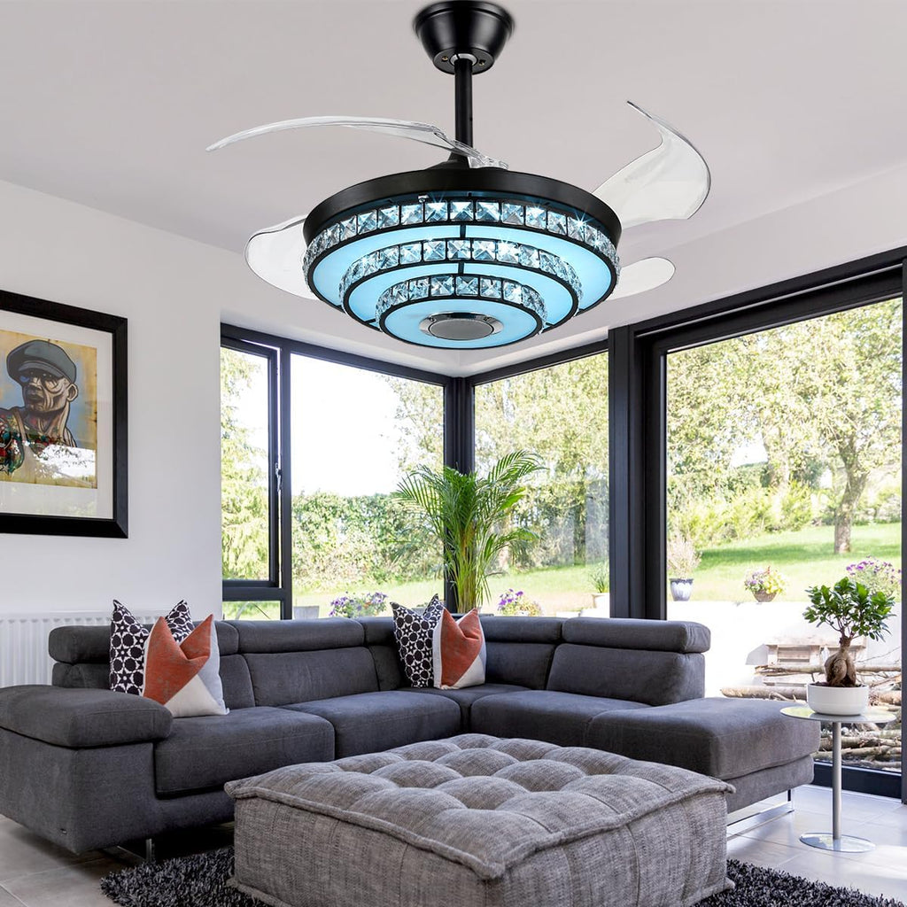 42' Fandelier Ceiling Fan with Light Bluetooth Speaker, Modern Retractable Reversible Chandelier Fan Black Crystal Ceiling Fan Light with Remote 6 Speeds 7 Color Change for Bedroom