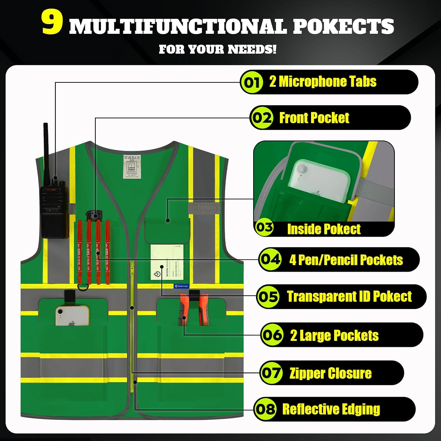 Custom Safety Vest Logo High Visibility Reflective Vest Ansi with Pockets Class 2 Hi Vis Security Construction Workwear