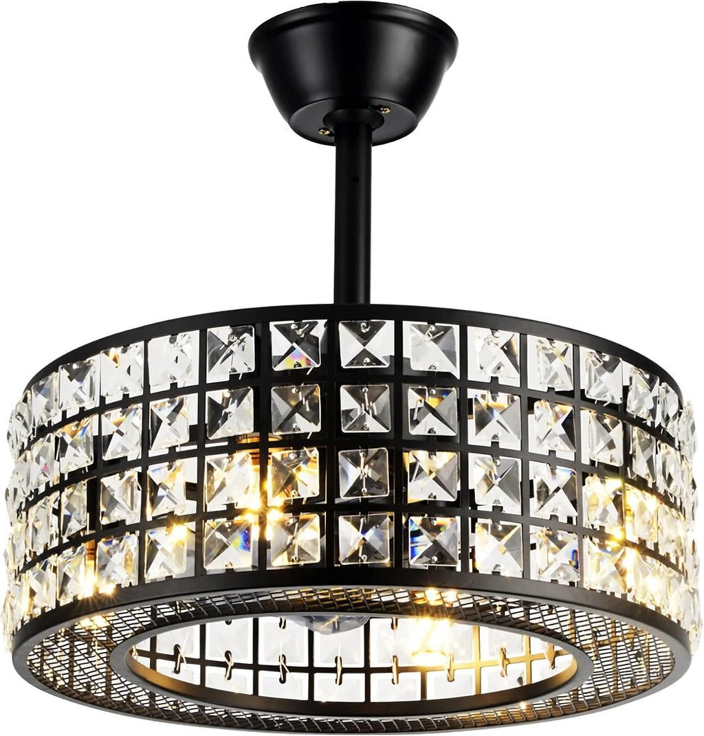Fandian 18' Industrial Caged Ceiling Fan with Light,Bladeless Fan with 3 Speeds, Black Farmhouse Crystal Fandelier with Remote Control, Vintage Crystal Chandelier Fan for Dining Bedroom