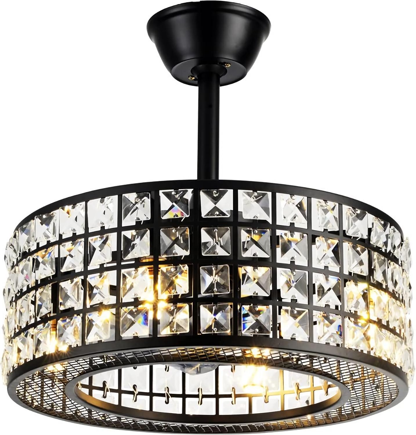 Fandian 18' Industrial Caged Ceiling Fan with Light,Bladeless Fan with 3 Speeds, Black Farmhouse Crystal Fandelier with Remote Control, Vintage Crystal Chandelier Fan for Dining Bedroom