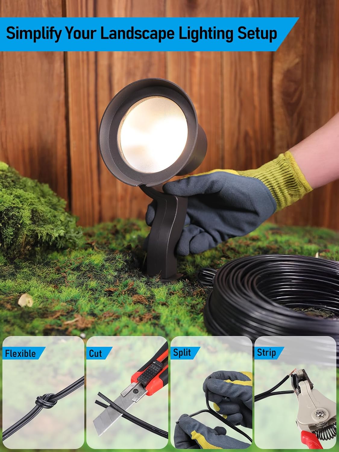 LEONLITE 4-Pack 5W LED Landscape Spotlight, AC/DC 12V Low Voltage, IP65 Waterproof Non-Dimmable, Bronze Aluminum Housing, 3000K Bundle 100ft 16/2 Low Voltage Landscape Lighting Cable, Black