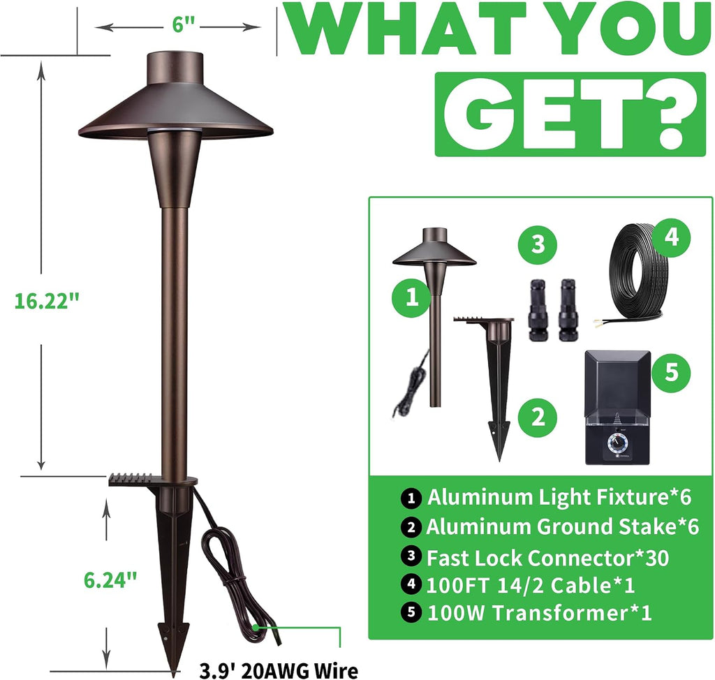 Low Voltage Pathway Lights Kit, 6 Pack 3CCT LED Landscape Path Lights and 100W Transformer and 100FT Cable and 30 Wire Connectors, Outdoor Waterproof IP65, Aluminum for Sidewalk Step