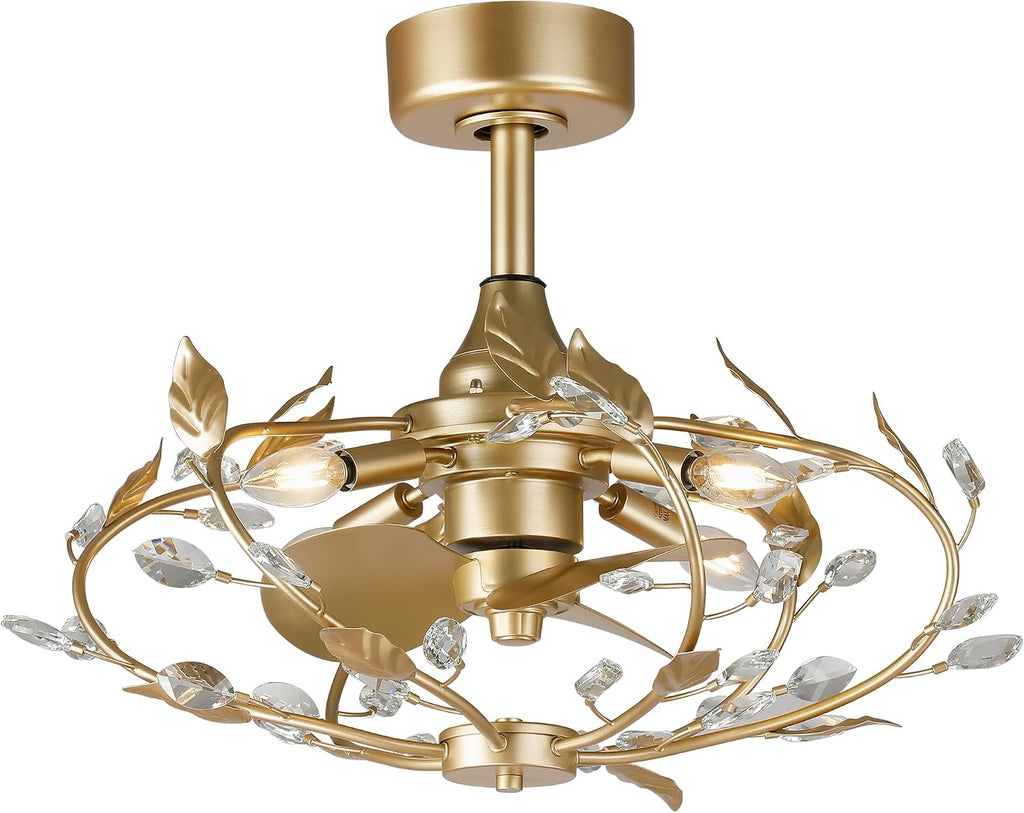 24' Gold Chandelier Ceiling Fans with Lights and Remote, Modern Crystal Leaf Caged Ceiling Fan, Quiet 6-Speed Reversible DC Motor, Dimmable Small Low Profile Ceiling Fan for Bedroom, Dining Room, E12
