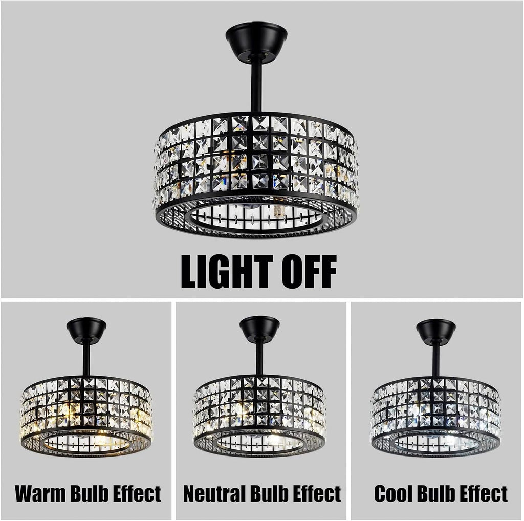 Fandian 18' Industrial Caged Ceiling Fan with Light,Bladeless Fan with 3 Speeds, Black Farmhouse Crystal Fandelier with Remote Control, Vintage Crystal Chandelier Fan for Dining Bedroom