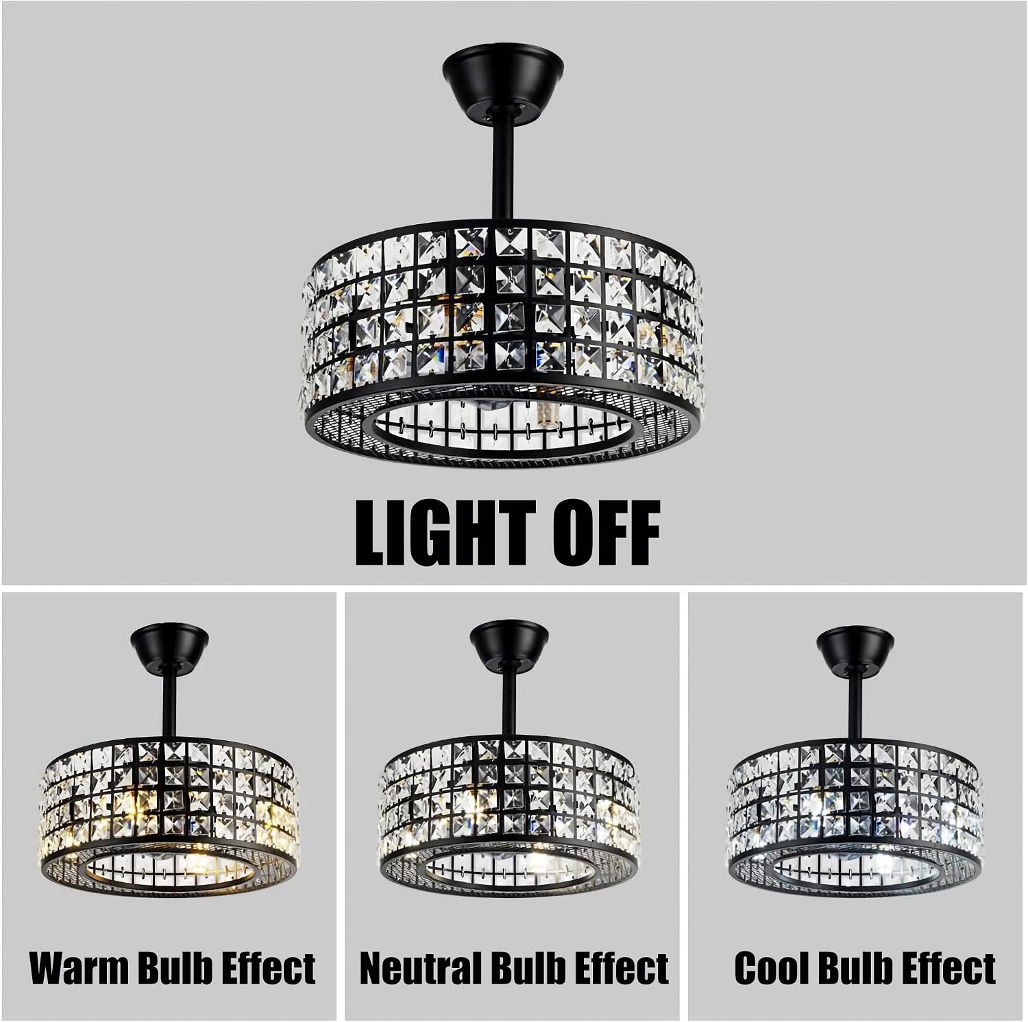 Fandian 18' Industrial Caged Ceiling Fan with Light,Bladeless Fan with 3 Speeds, Black Farmhouse Crystal Fandelier with Remote Control, Vintage Crystal Chandelier Fan for Dining Bedroom