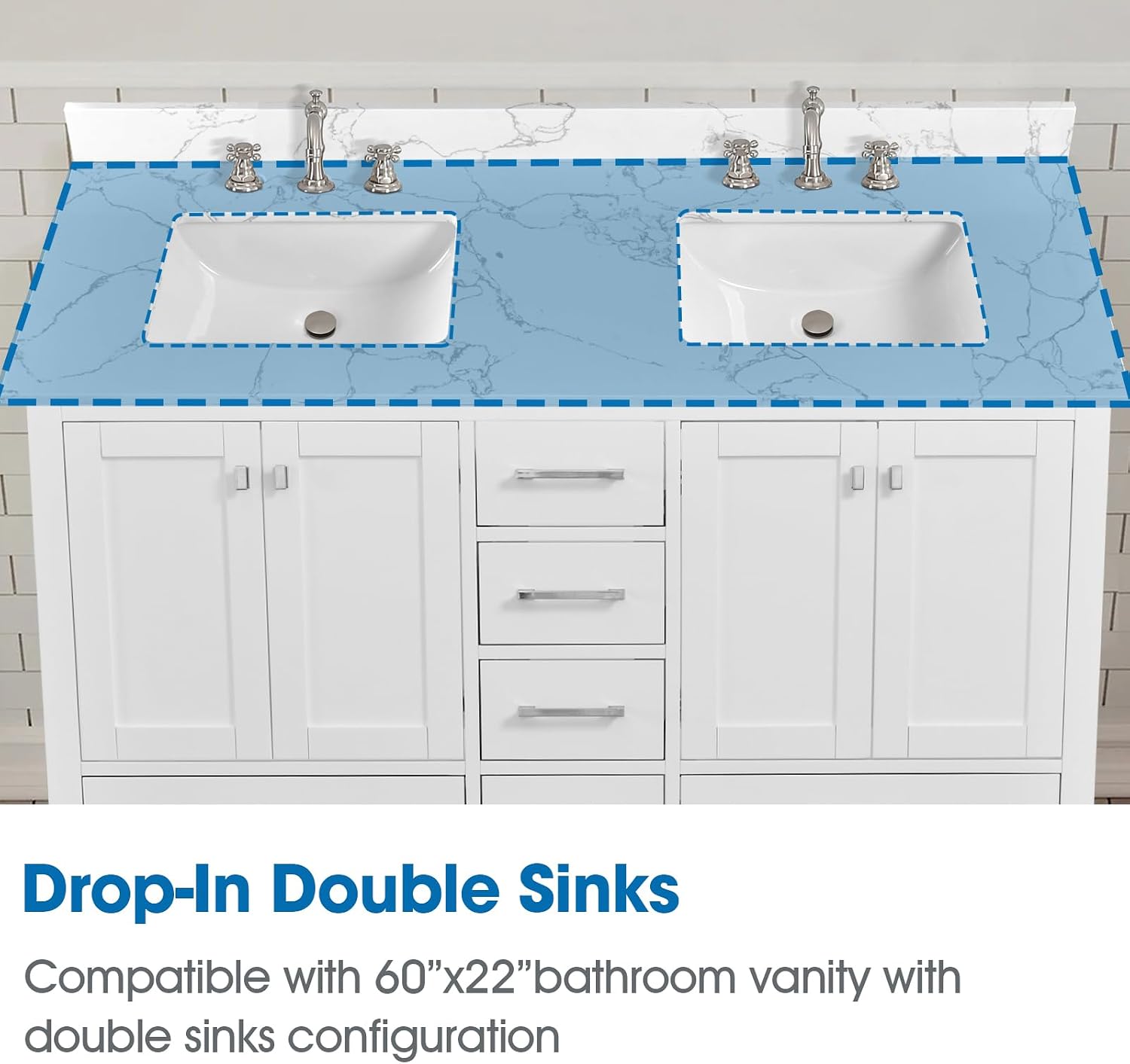 60 Inch Engineered Stone Bathroom Vanity Sink Top, with Undermount Rectangular Double Sinks, Vanity Countertop with 8 inch Faucet Hole Spacing and Backsplash in Lightning White