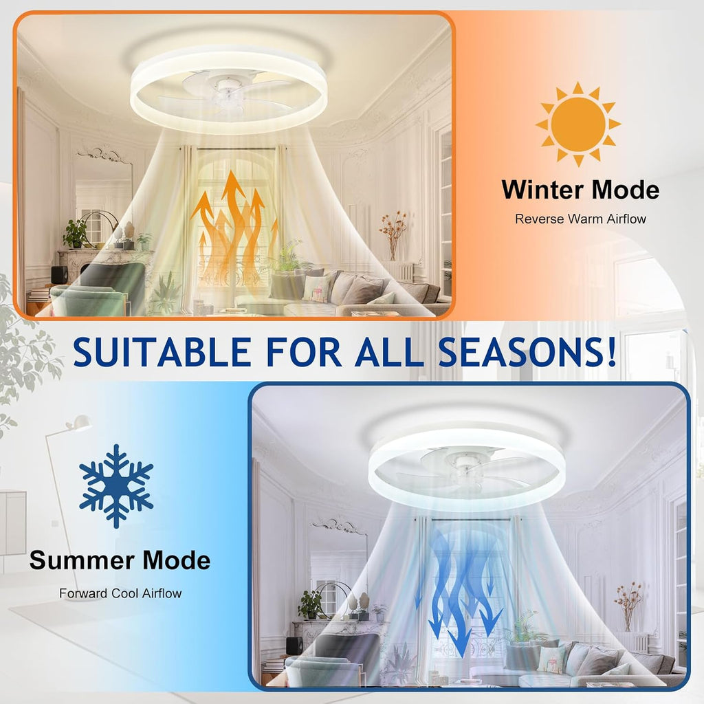 DLLT Bladeless Ceiling Fans with Lights: 24 Inch Modern Flush Mount Low Profile Ceiling Fan with APP Remote Control - White Enclosed LED Fandelier Dimmable Quiet DC Motor for Bedroom Living Room
