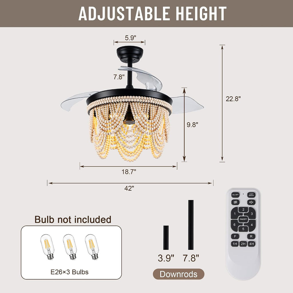 42'' Retractable Ceiling Fans with Lights and Remote,Bohemian Ceiling Fans with Wooden Beads,6 Speeds Reversible Bladeless Ceiling Fan for Bedroom Living Room Kitchen