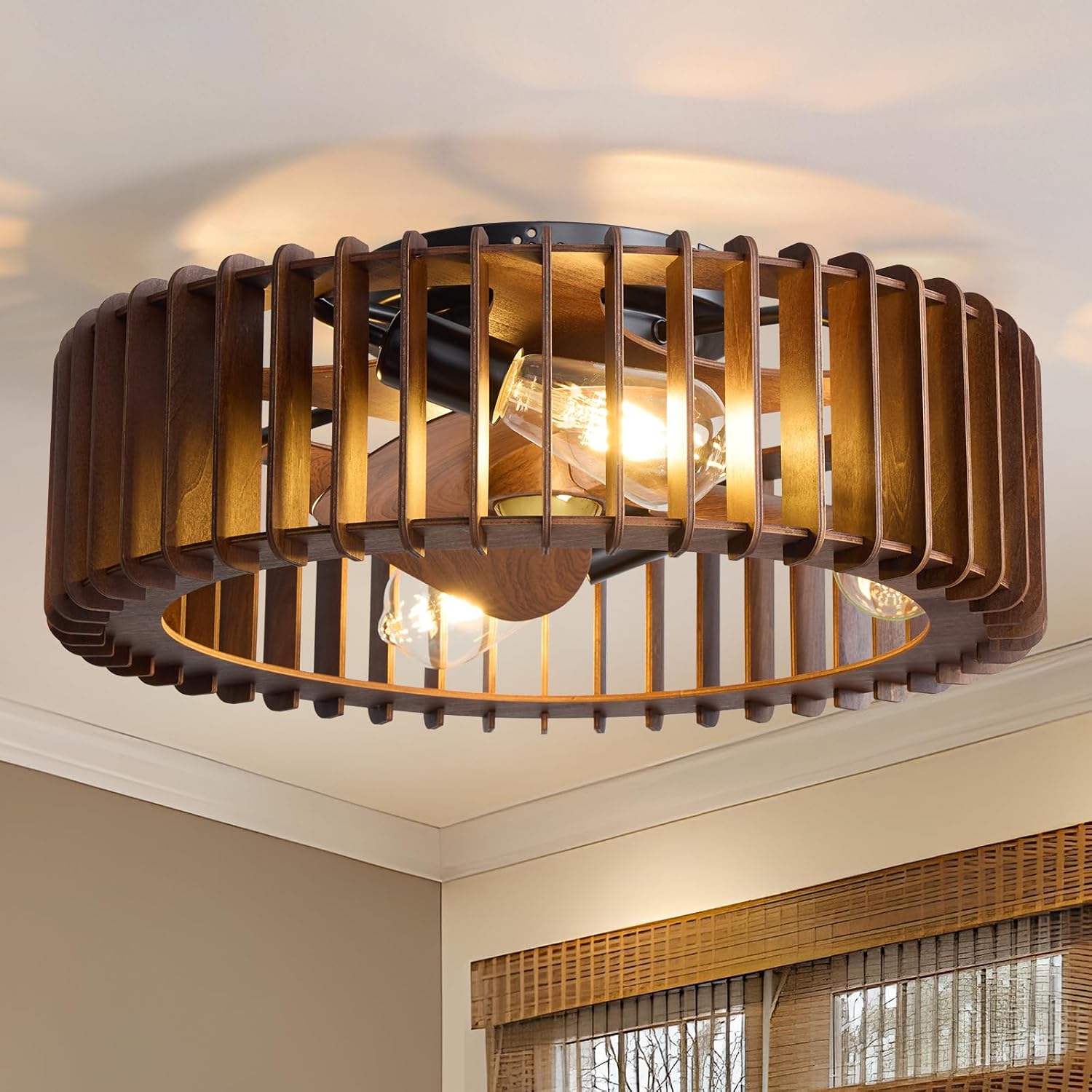 Farmhouse Caged Ceiling Fan with Light, 20' Wooden Flush Mount Ceiling Fan and Remote, 6-Speed Quiet Reversible DC Motor, Timer, Low Profile Enclosed Fandelier for Bedroom, Kitchen, Living Room