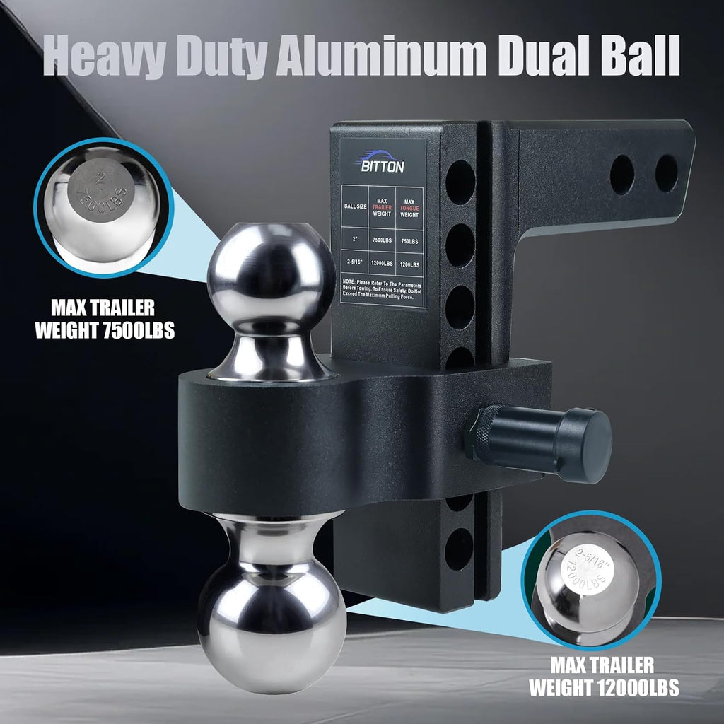 Adjustable Trailer Hitch Ball Mount Hitch, 6' Drop Lift Ball Hitch for 2 and 2.5 Inch Receiver, 12000 LBS Heavy Duty Aluminum Alloy Dual Towing Ball (2' x 2-5/16') with Anti-Theft Locking Pin Hitch