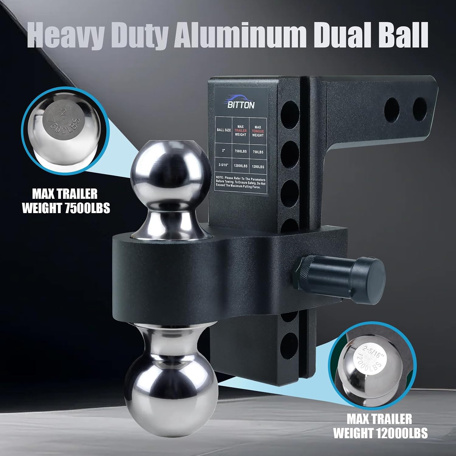 Adjustable Trailer Hitch Ball Mount Hitch, 6' Drop Lift Ball Hitch for 2 and 2.5 Inch Receiver, 12000 LBS Heavy Duty Aluminum Alloy Dual Towing Ball (2' x 2-5/16') with Anti-Theft Locking Pin Hitch