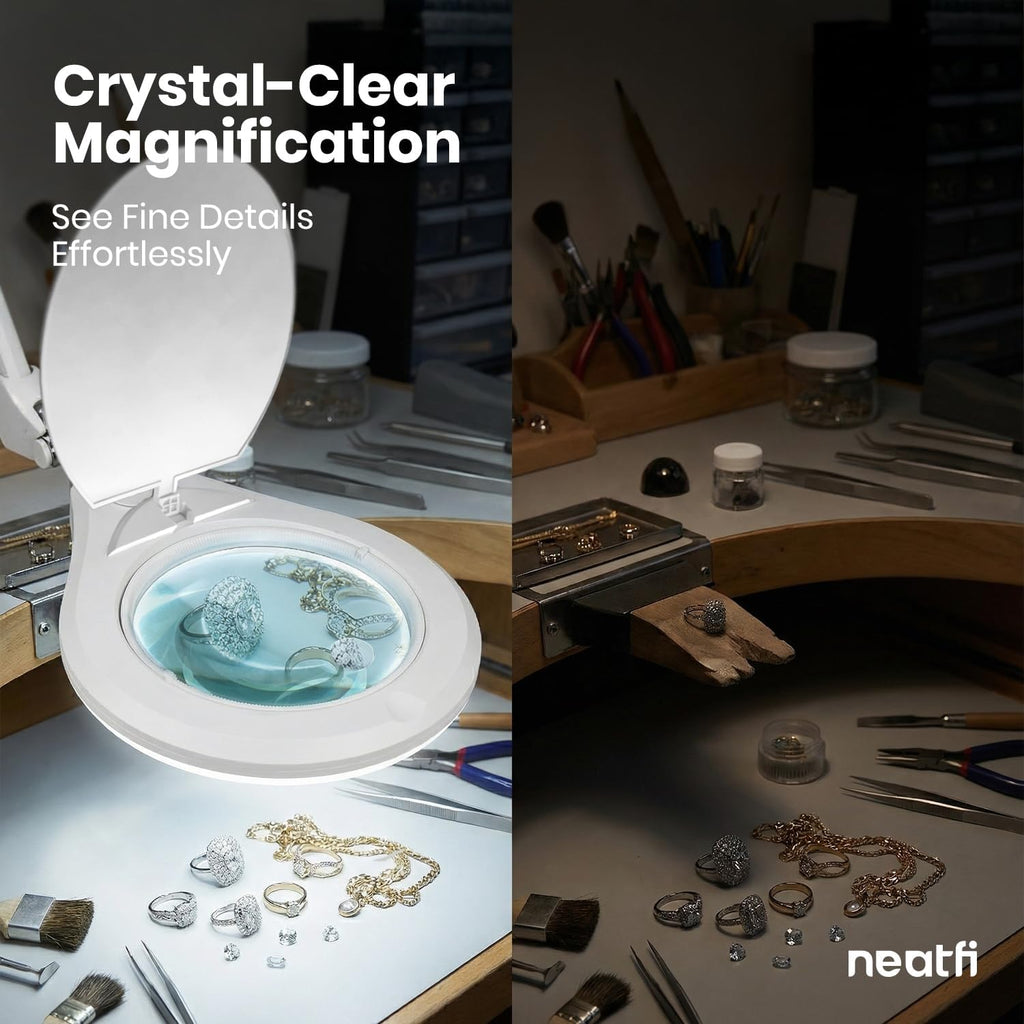 Neatfi Elite Super LED Magnifying Lamp with Clamp – 6' Glass Lens, 2.25X/4X Bifocal, 6500K Daylight | Glare-Free, Nonpolar Dimming | Reading, Crafting & Precision Work (6 Inch Lens, White)