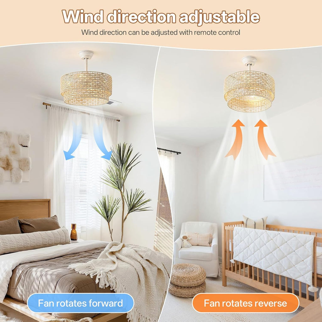 20' Boho Ceiling Fans with Lights, Rattan Fandelier Chandelier Ceiling Fan with Light Remote Control, Caged with 6 Speeds for Bedroom, Nursery