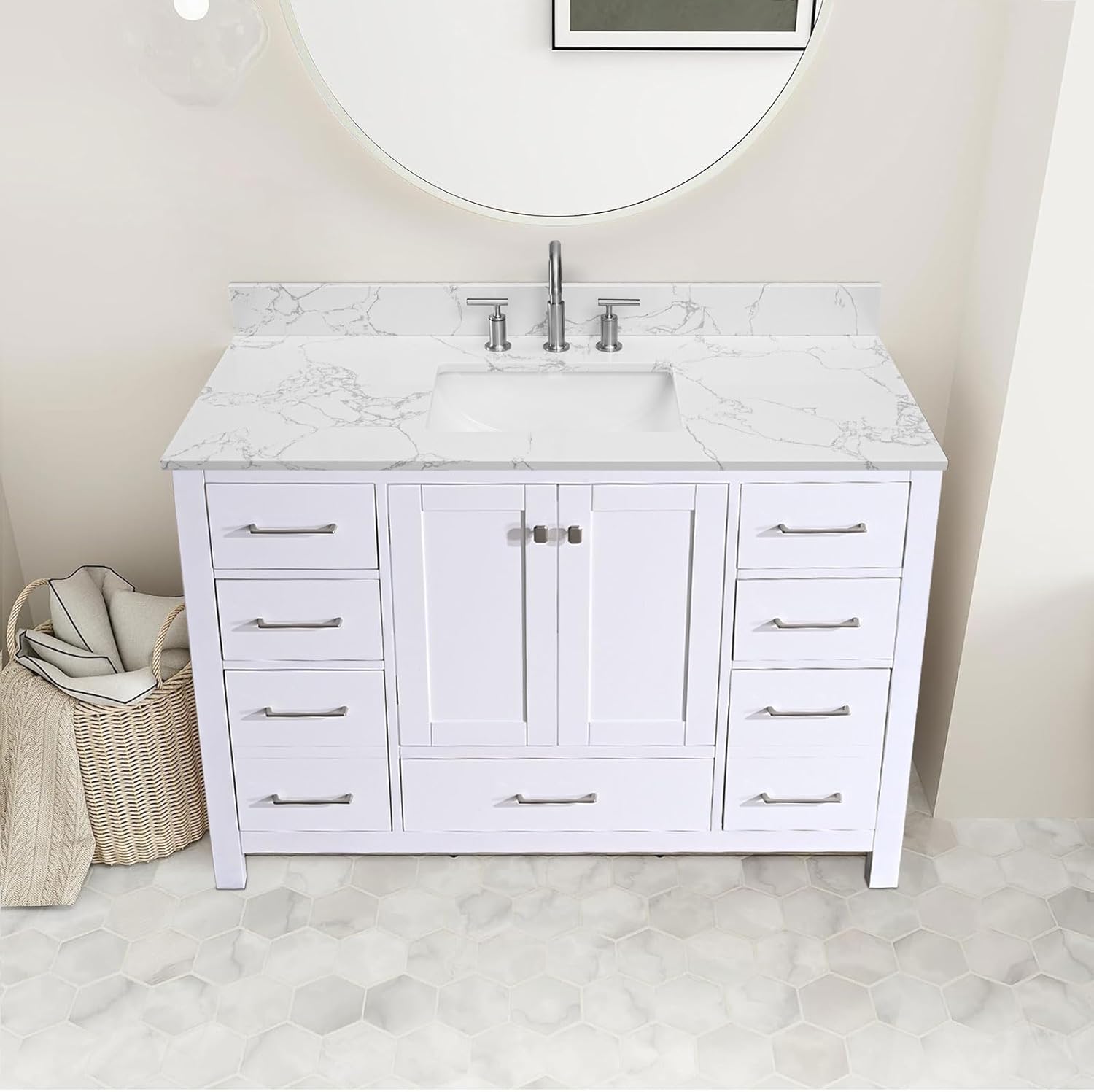 48 Inch Engineered Stone Bathroom Vanity Sink Top, with Undermount Rectangular Middle Sink, Vanity Countertop with 8 inch Faucet Hole Spacing and Backsplash in Lightning White