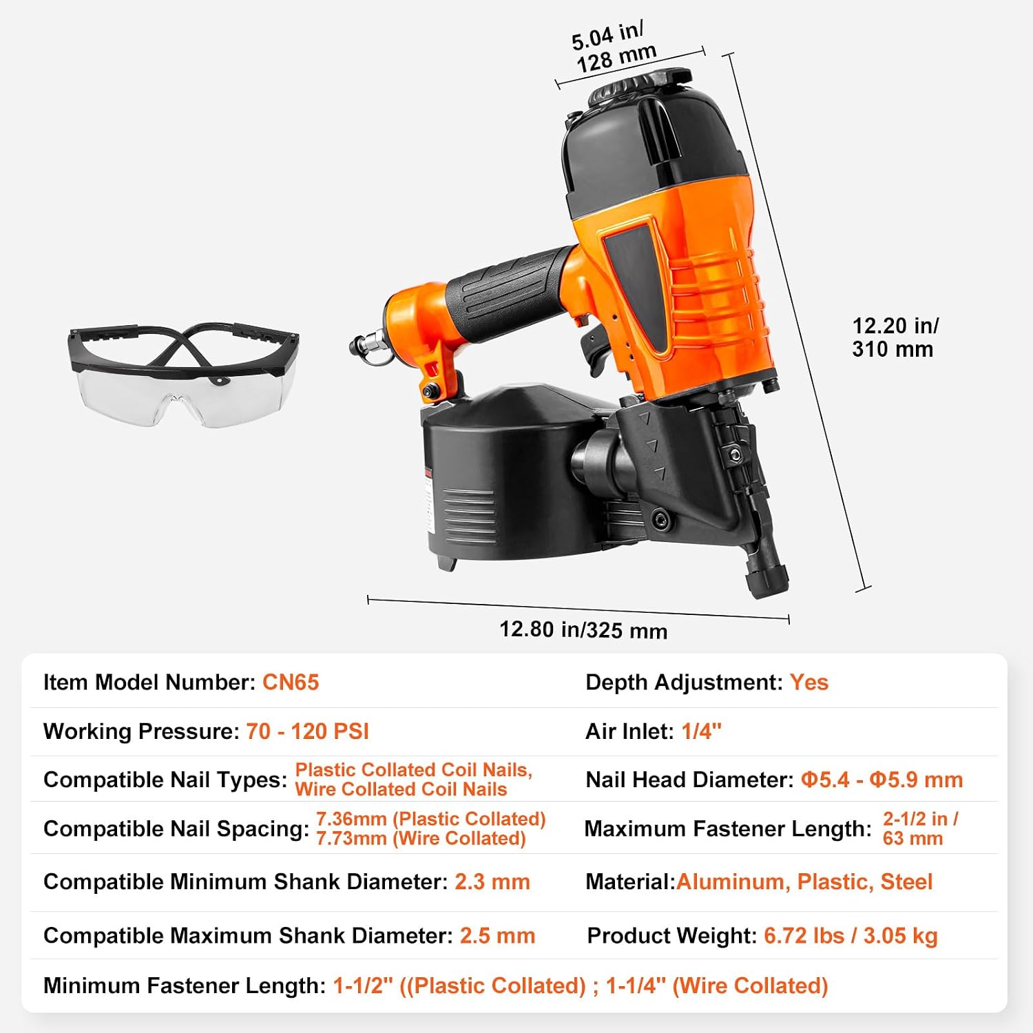 Happybuy Coil Siding Nailer CN65, 1-1/4' to 2-1/2' 15 Degree Pneumatic Siding Nail Gun with Tool-Less Depth Adjustment, 70-120PSI Air Coil Nailer for Siding, Pallet Sheathing, Wooding, Fencing