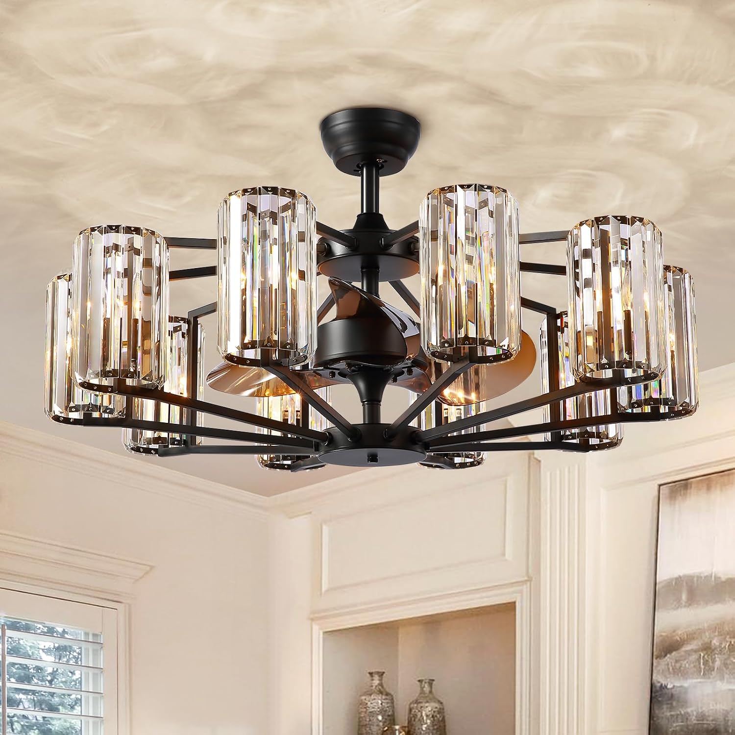 Large Crystal Caged Ceiling Fan with Light 10 Lights Vintage Black Crystal Chandelier Fan 34' Flush Mounted Ceiling Fan Light Fixture for Living Room Dining Room Hotel Foyer