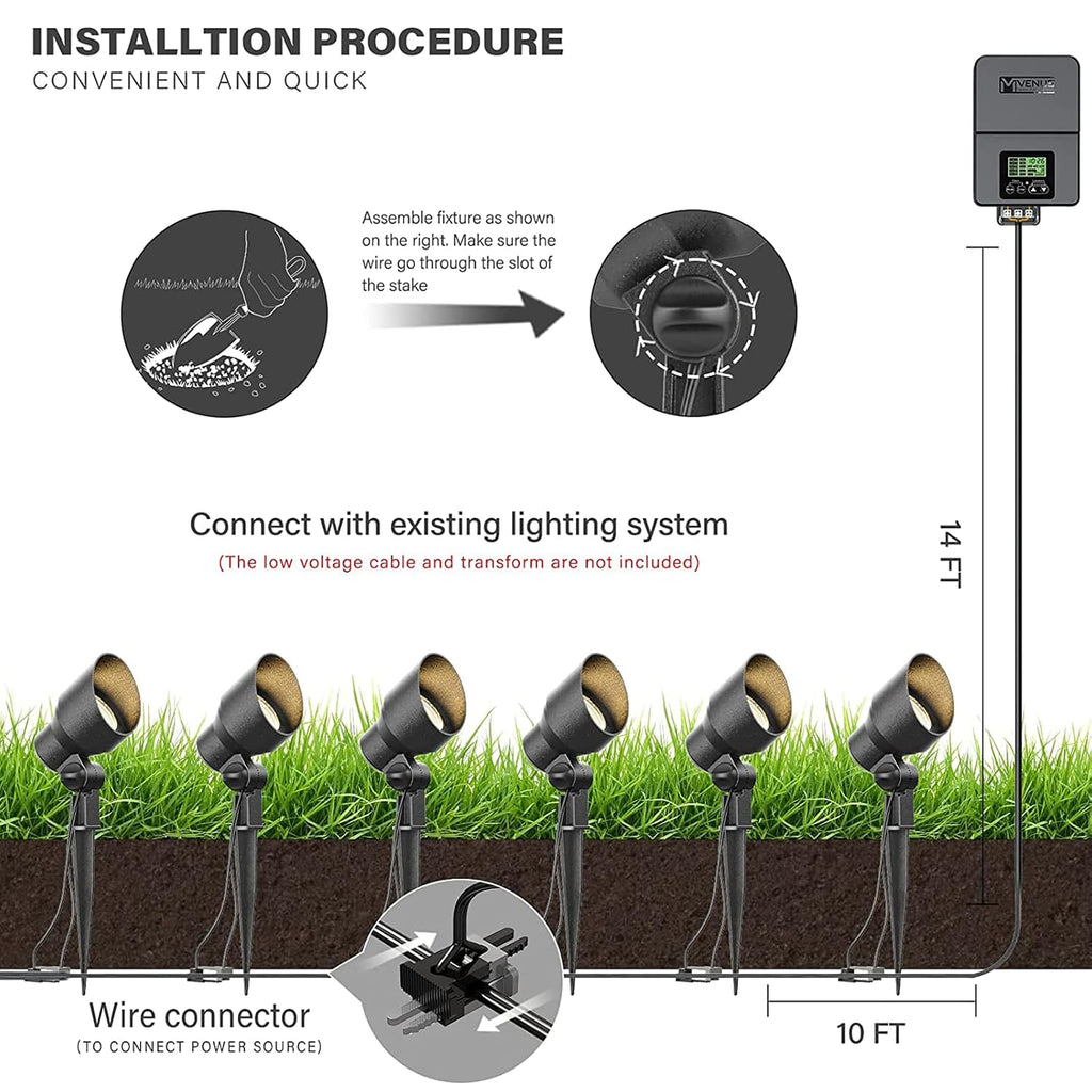 VENUS MANUFACTURING 12V Landscape Lights Kits with 60W Outdoor Landscape Transformers Timer and Photo Sensor & 6 Pack Black 3Watt LED 200 Lumen Landscape Spotlight 3000K Warm White Tree Flood Lights