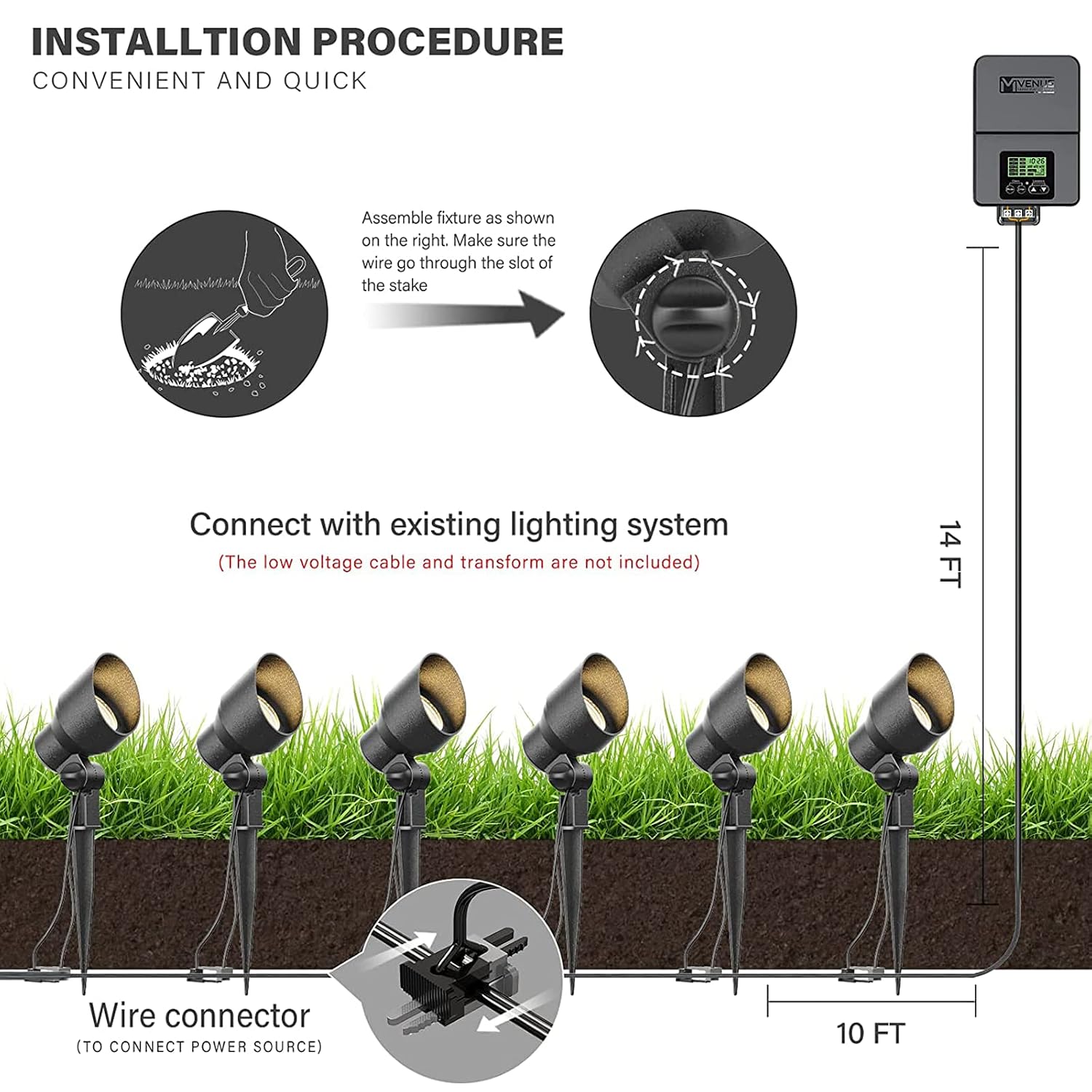 VENUS MANUFACTURING 12V Landscape Lights Kits with 60W Outdoor Landscape Transformers Timer and Photo Sensor & 6 Pack Black 3Watt LED 200 Lumen Landscape Spotlight 3000K Warm White Tree Flood Lights