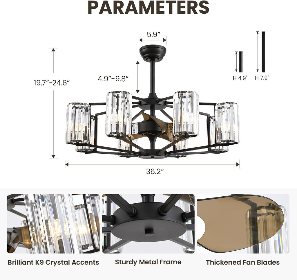 36' Large Crystal Fandelier Dimmable 6-Light Vintage Flush Mounted Chandelier Ceiling Fan Black Ceiling Fans with Lights and Remote for Dining Living Room Kitchen