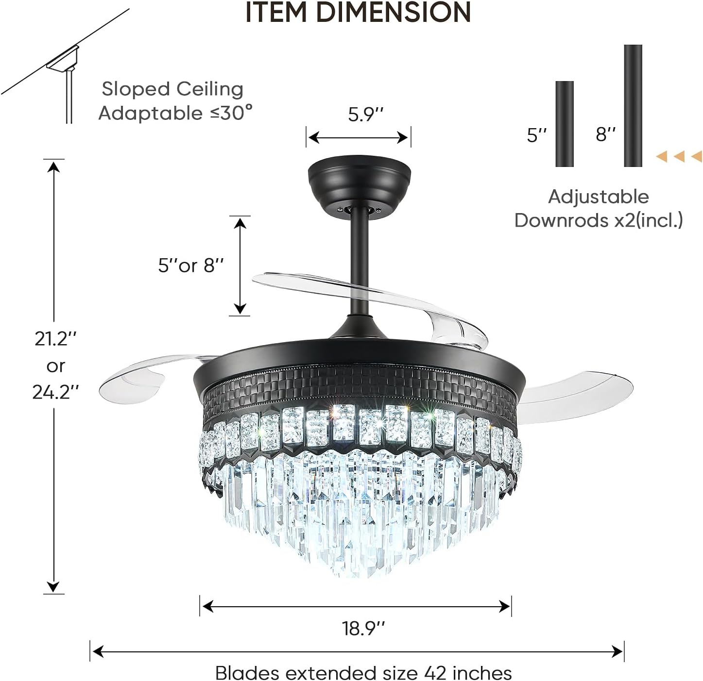 42' Fandelier Ceiling Fan with Lights,Crystal Retractable Ceiling Fan with Light,Chandelier Fans for Bedroom,Living Room,Reverse Motor,6 Speeds,3 Color Temperatures,Remote & APP Control-Black
