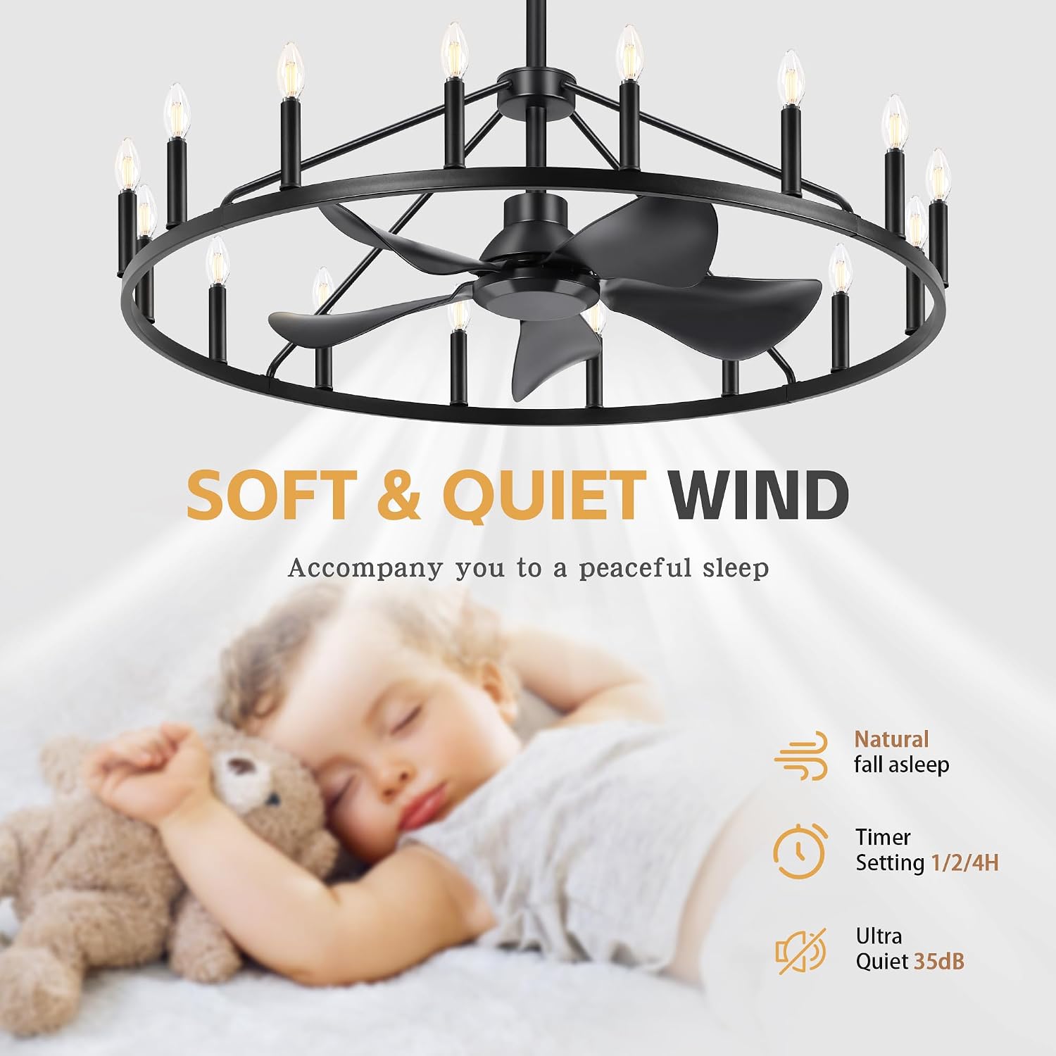 She's home 43' Black Wagon Wheel Chandelier Farmhouse Ceiling Fan with Light and Remote,16-Lights Large Fandelier with Candle,Rustic Big Light Fixture for Living Room