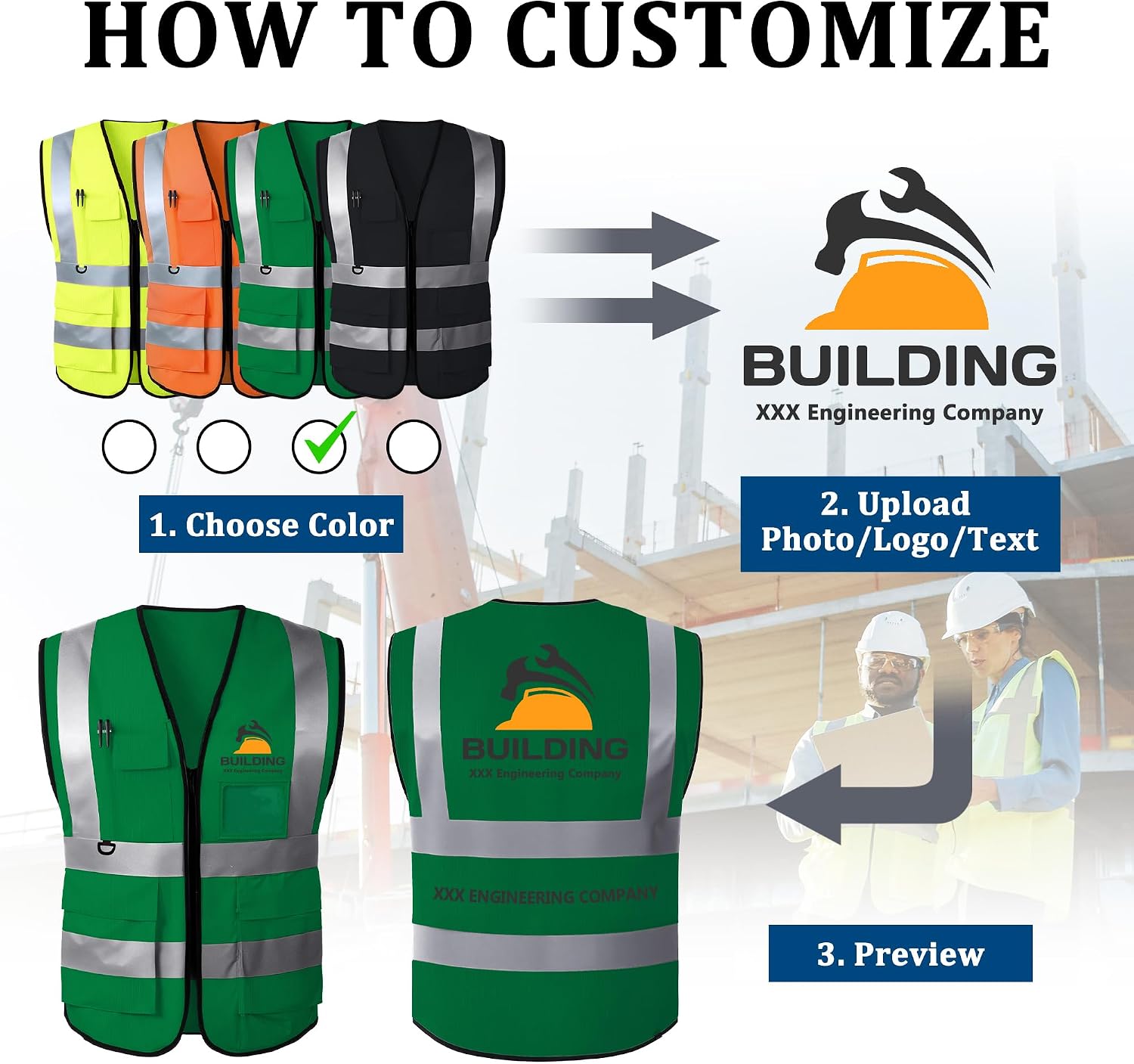 Custom Safety Vest, High Visibility Reflective Personalized Vest with Logo and Pockets for Men Women Construction