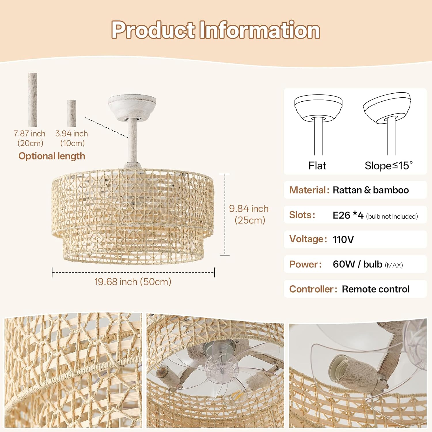 20' Boho Ceiling Fans with Lights, Rattan Fandelier Chandelier Ceiling Fan with Light Remote Control, Caged with 6 Speeds for Bedroom, Nursery