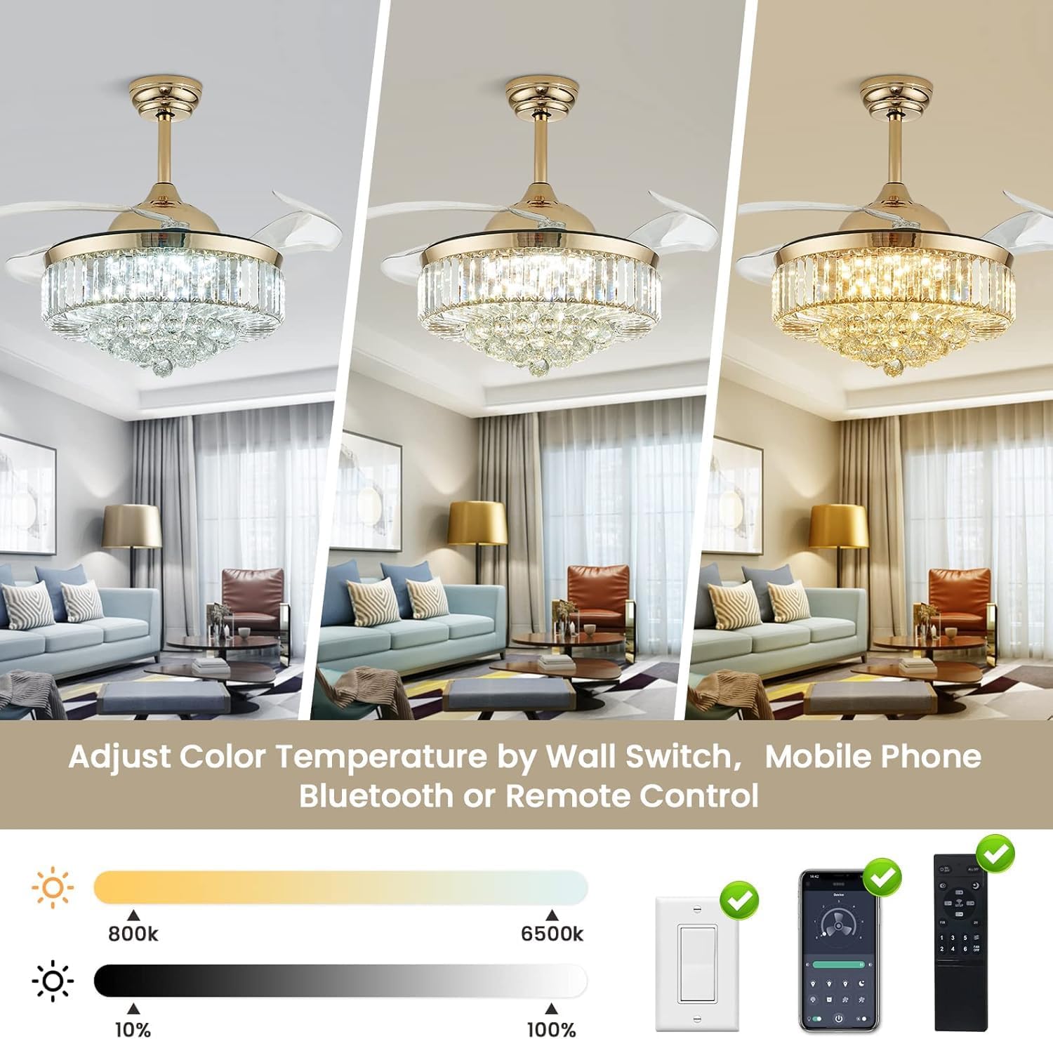 36'' Fandelier Ceiling Fans with Light, Chandelier Gold Ceiling Fan, Retractable Crystal Ceiling Fan for Bedroom, Living Room, 3 Color Change, LED Dimmable, 6 Speeds, Reversible DC Motor