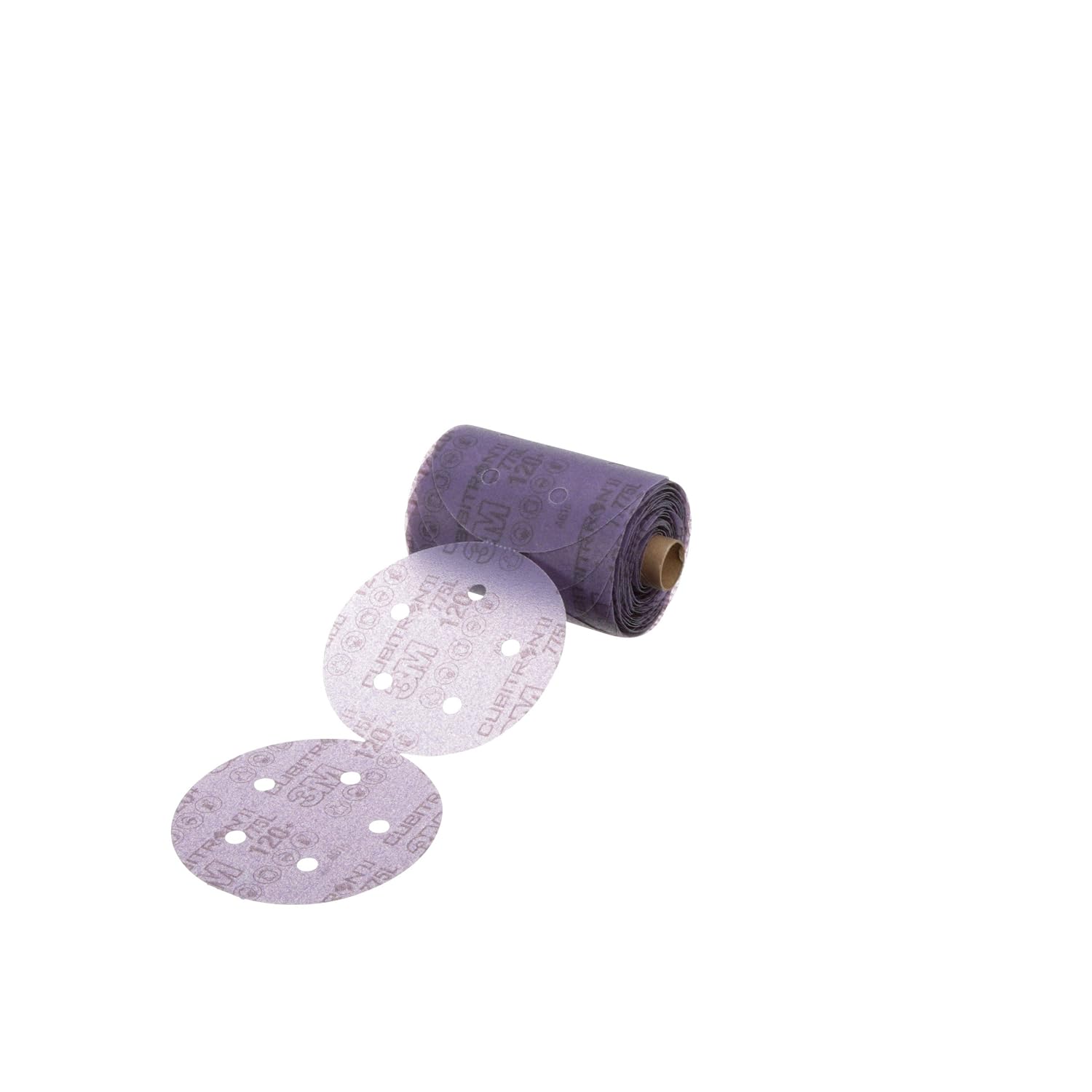 3M Cubitron II Stikit Film Disc Roll 775L, 5 in x NH, 5 Hole, D/F, 120+, 3MIL, Die 500FH, 125 Discs per roll