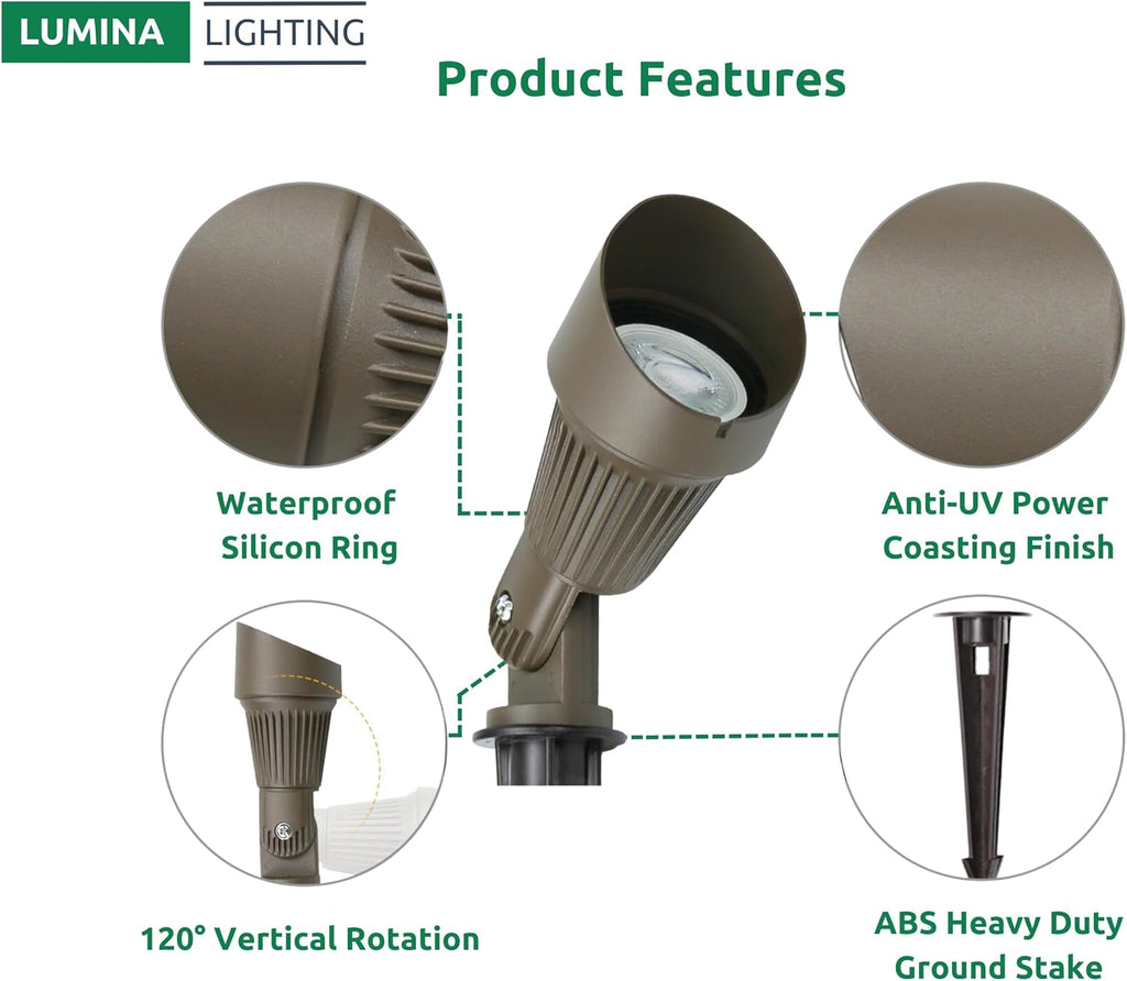 Lumina Lighting® 4W Landscape lighting 12V Landscape Lights Low Voltage Landscape Spotlights Warm White Waterproof Outdoor Replaceable LED Bulb for Garden, Lawn, Porch, Patio and Yard (Bronze, 6-Pack)