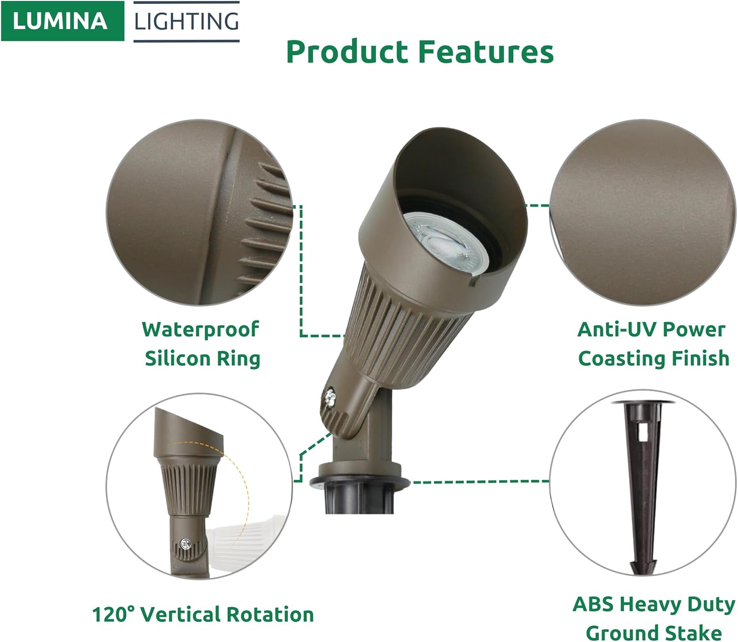 Lumina Lighting® 4W Landscape lighting 12V Landscape Lights Low Voltage Landscape Spotlights Warm White Waterproof Outdoor Replaceable LED Bulb for Garden, Lawn, Porch, Patio and Yard (Bronze, 6-Pack)