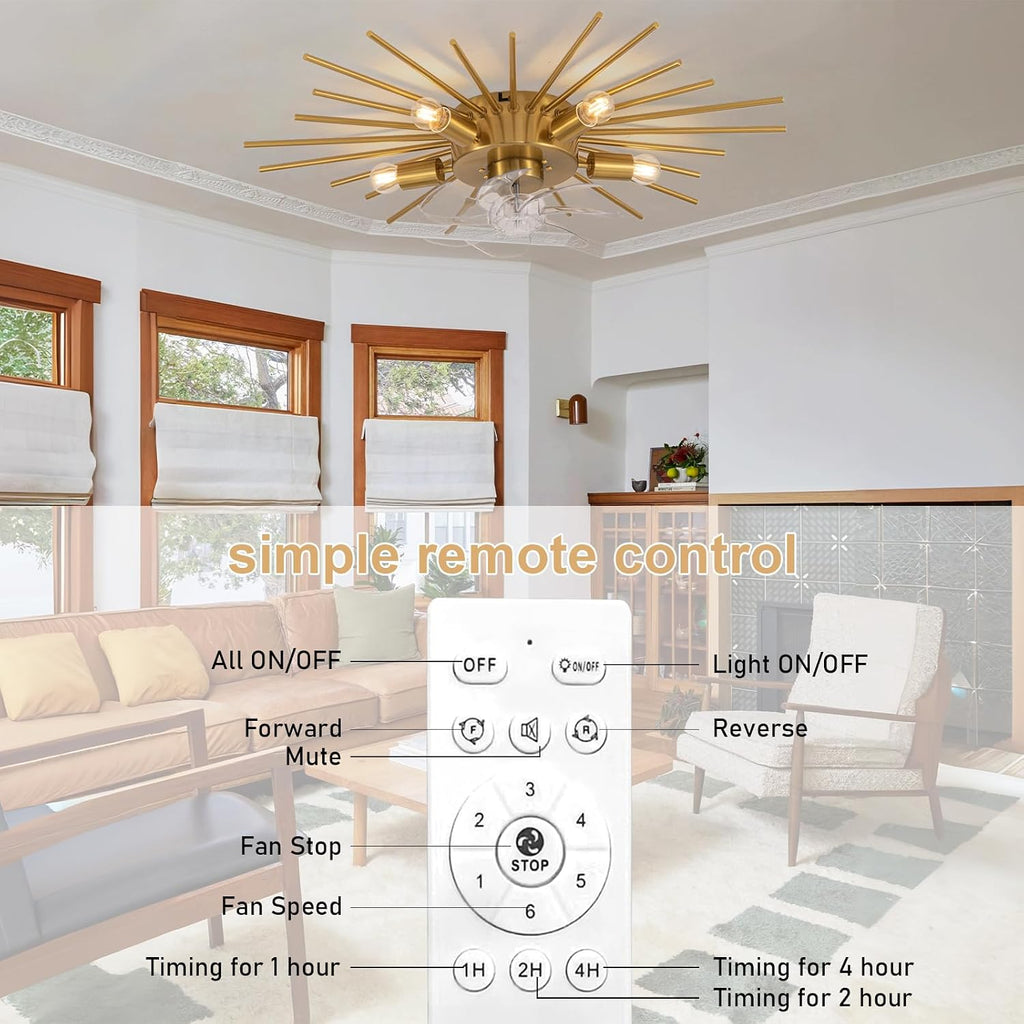 30' Low Profile Flush Mount 5 Light Ceiling Fans with Lights and Remote, Modern Metal Fandelier Ceiling Fan with Light, Farmhouse Gold Ceiling Fan for Bedroom,Living Room,Foyer (6 Speeds,Timing)